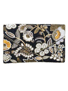SS753 - black & white floral beaded clutch